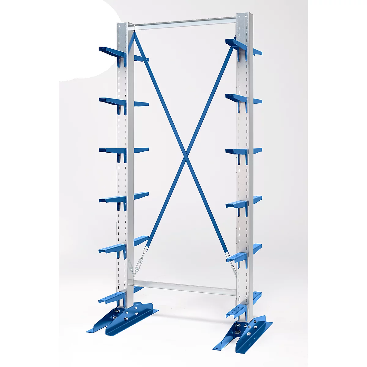 Metal shelf, blue and white with several shelves.