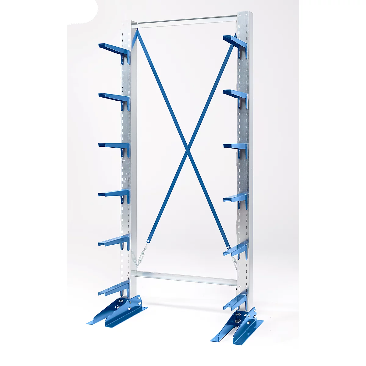 A freestanding, blue and silver heavy-duty rack with supports, diagonal bracing and shelf arms. White background.