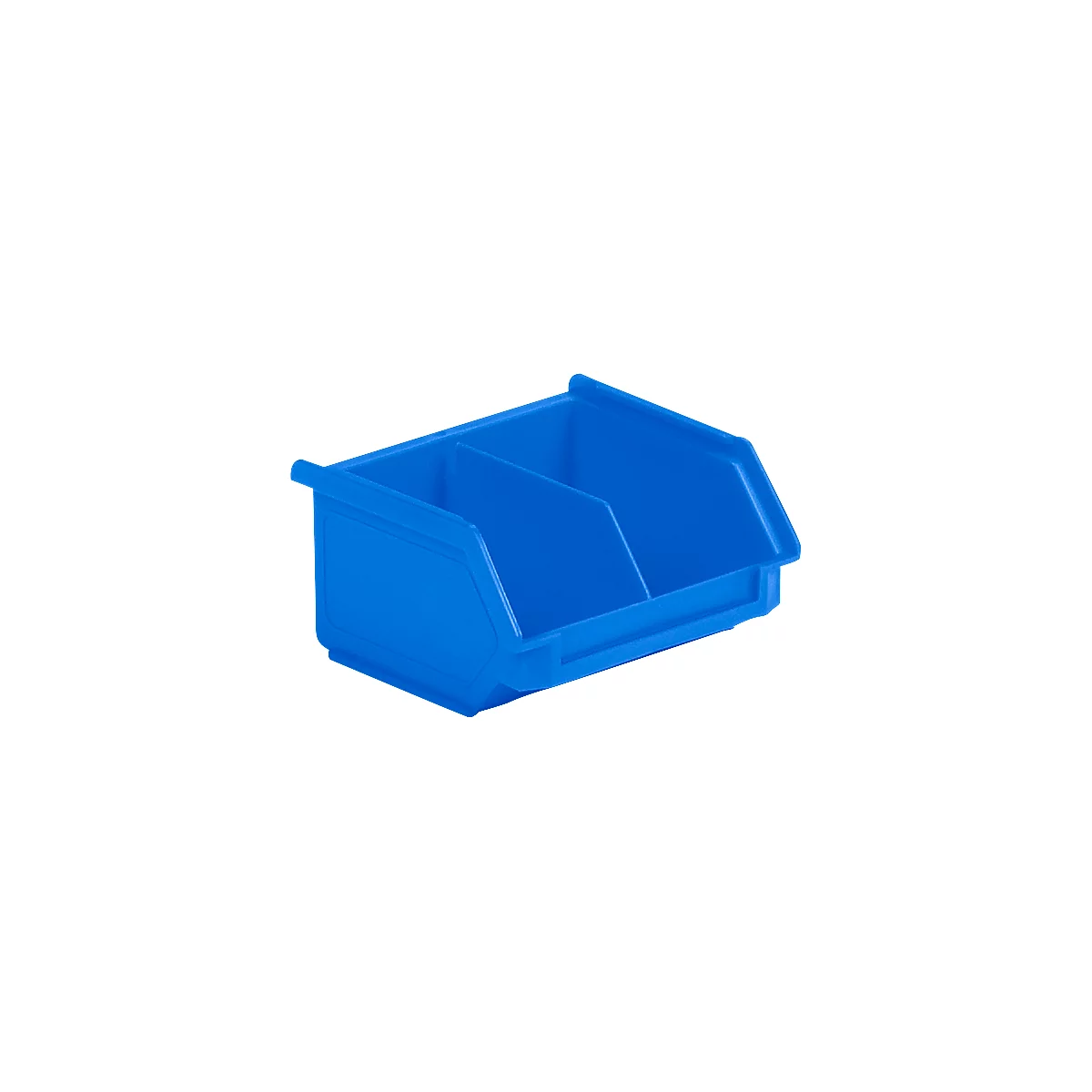 Blue plastic storage bin with a divider for workshop organization.