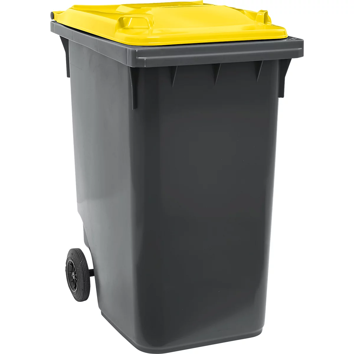 Grauer Müllcontainer mit gelbem Deckel, einem Rad und Griffen.