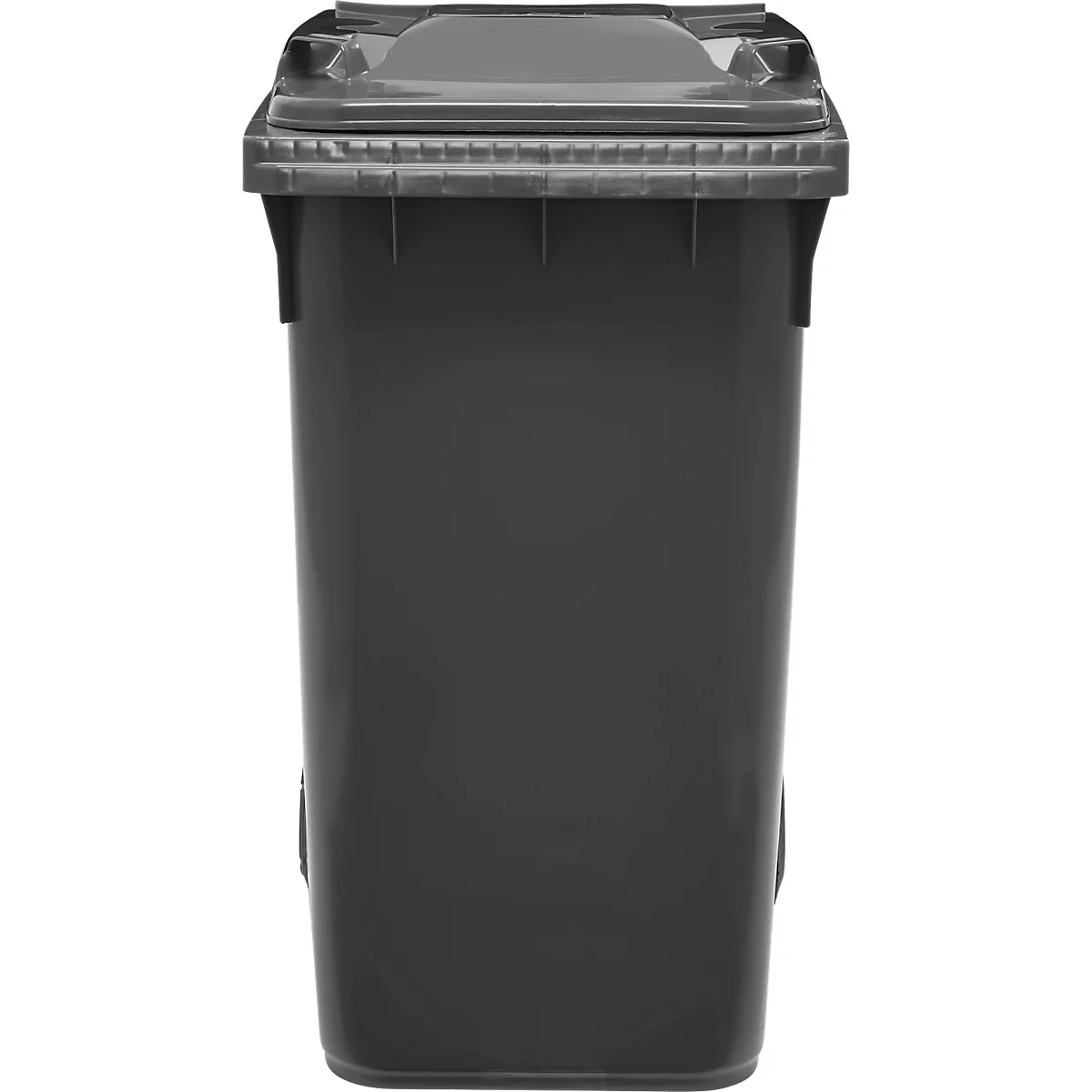 Graue Mülltonne mit Deckel. Die Tonne steht vor neutralem Hintergrund.
