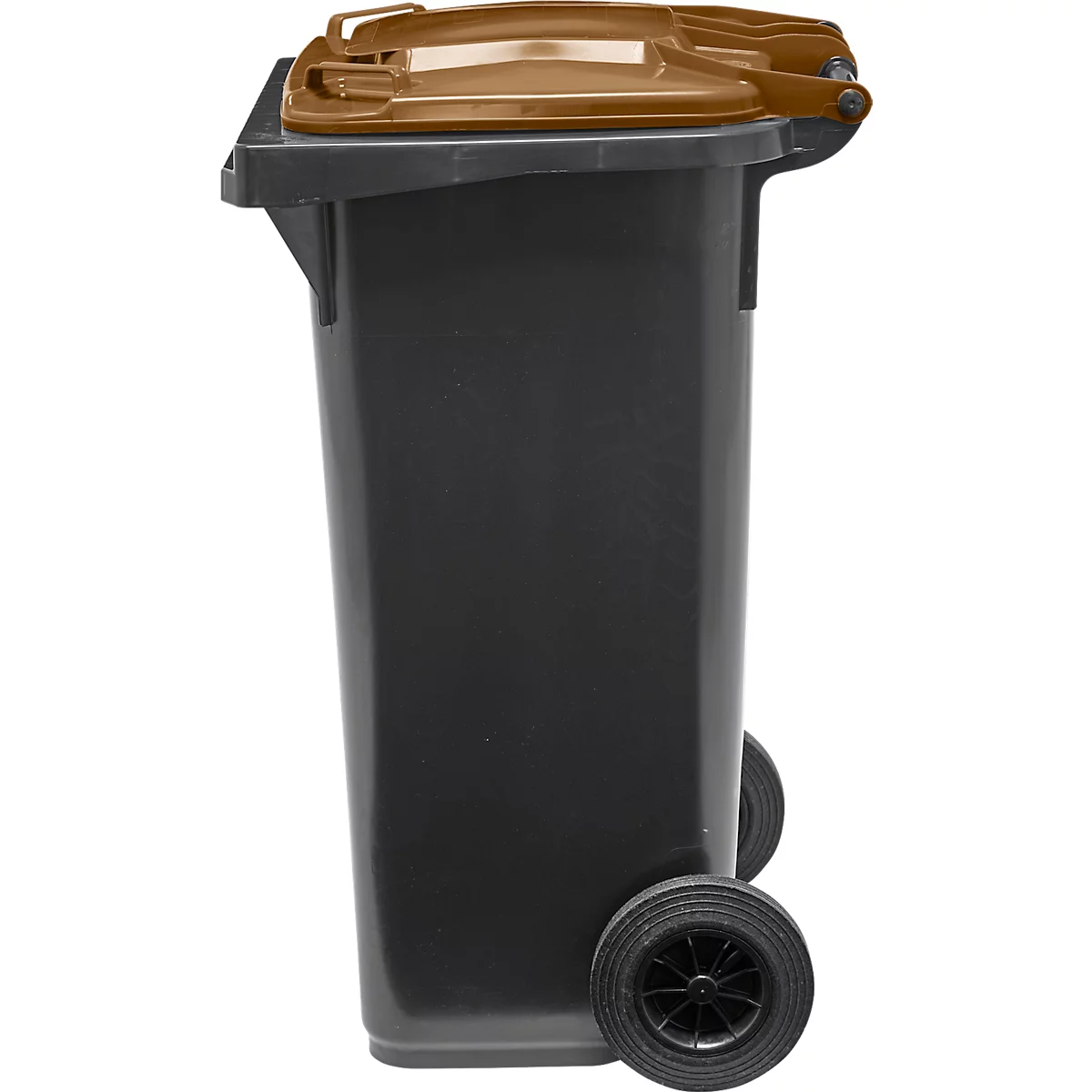 Schwarze Mülltonne mit braunem Deckel und Rädern. Seiteansicht.
