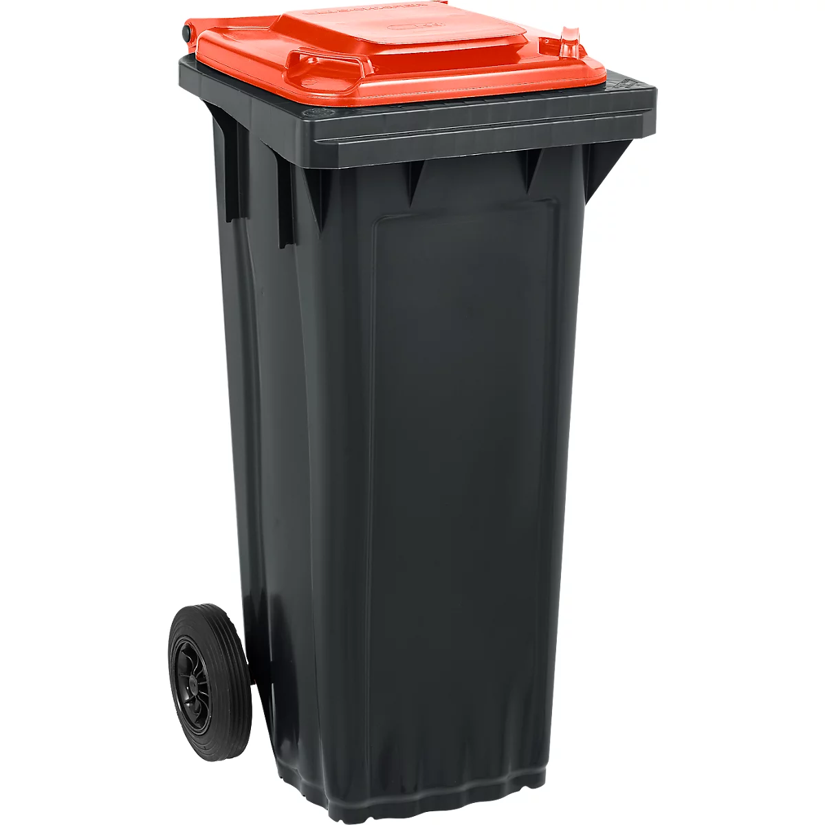 Schwarze Mülltonne mit orangenem Deckel und Rad.