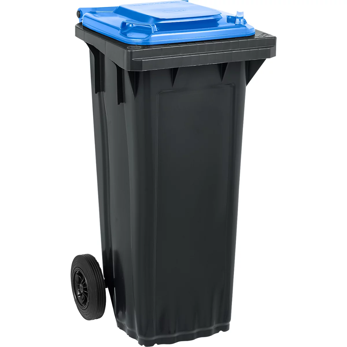 Schwarze Mülltonne mit blauem Deckel, Seitenrad.