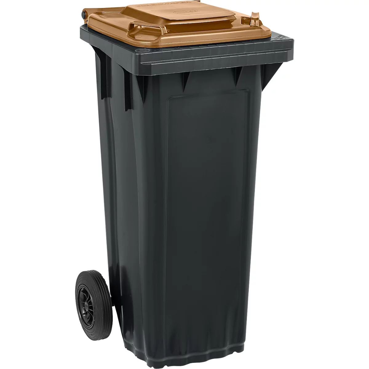 Schwarze Mülltonne mit braunem Deckel und Rollen.