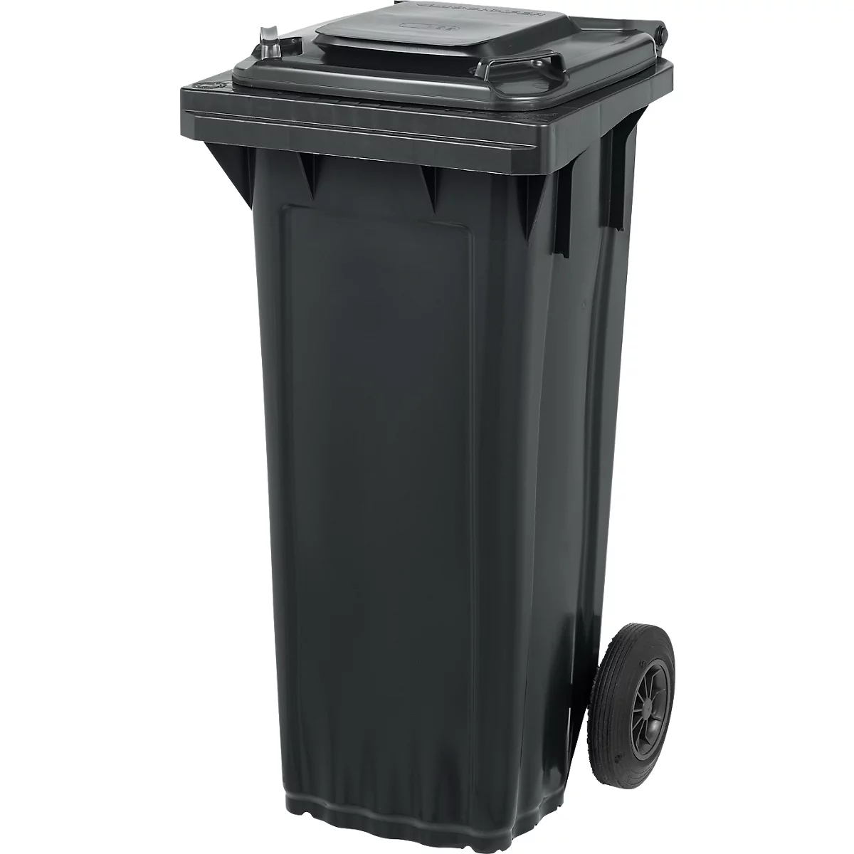 Schwarze Mülltonne mit Deckel und Rädern.