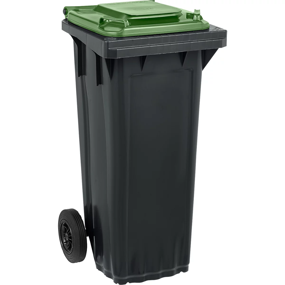 Schwarze Mülltonne mit grünem Deckel und Rädern.