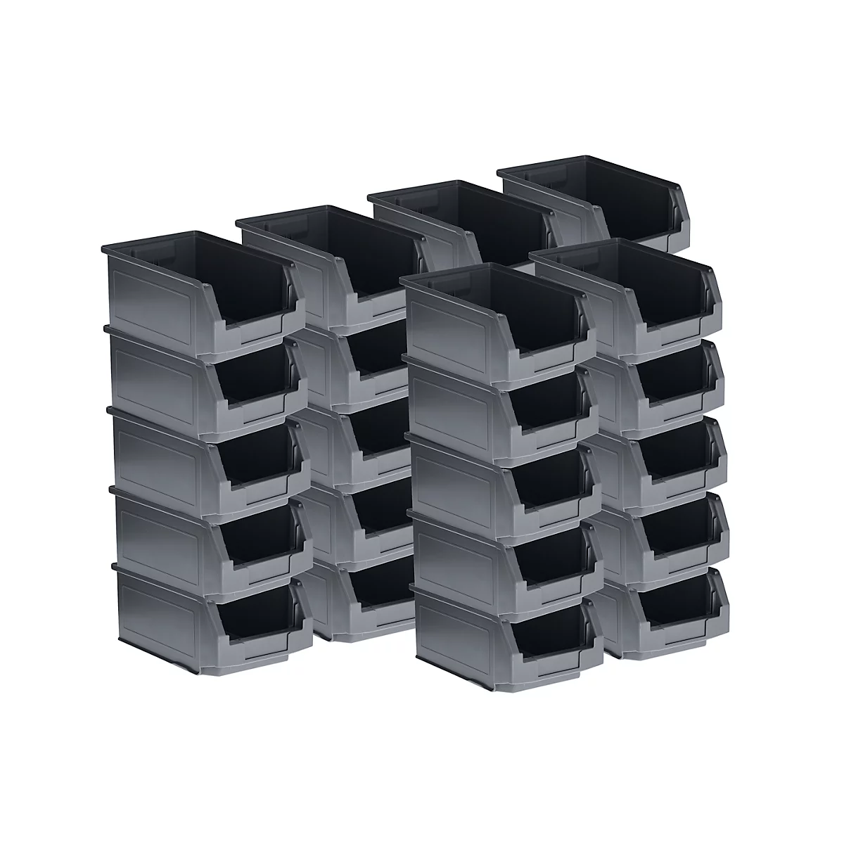 Grijze plastic bakken in een rij, op een witte achtergrond.