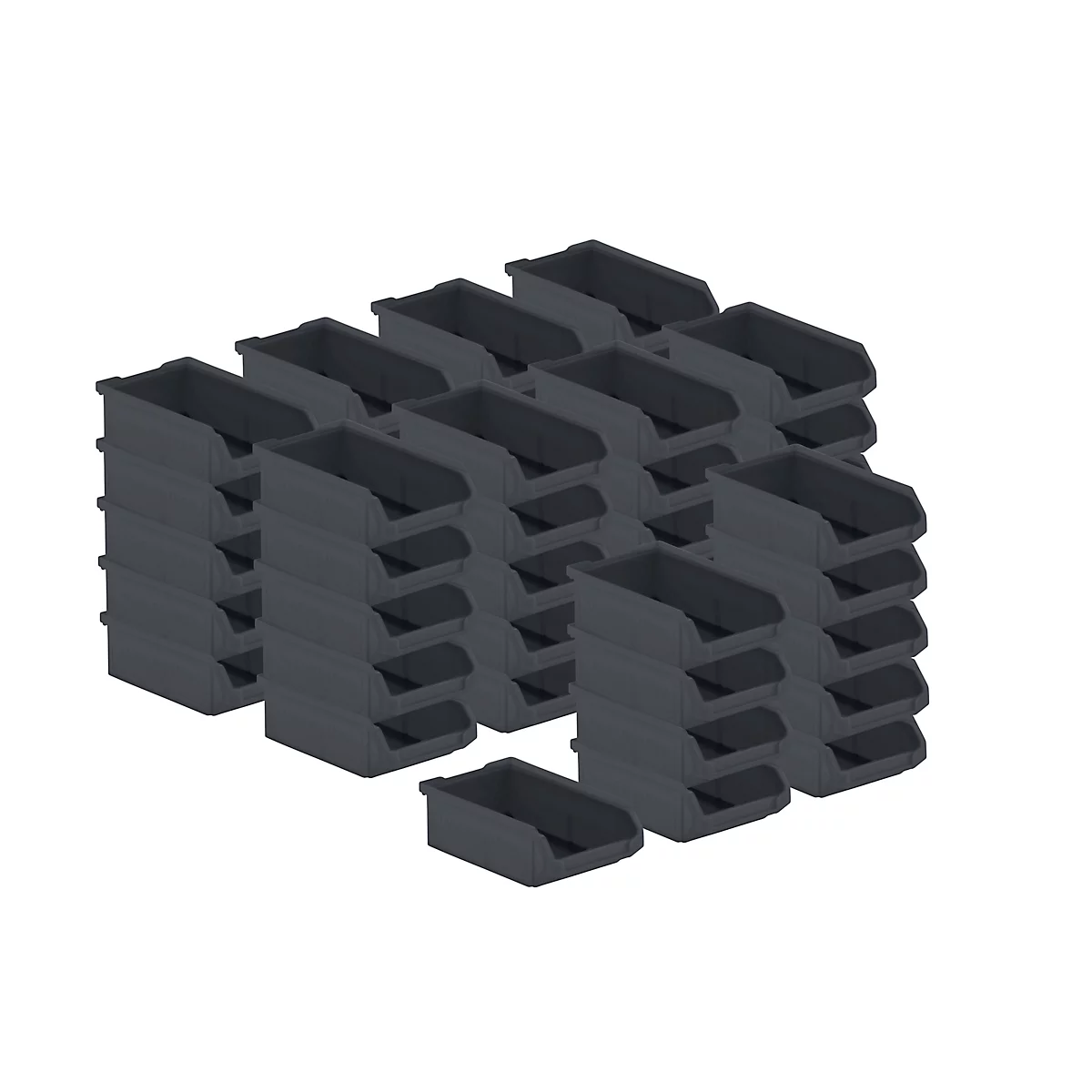 Meerdere grijze opbergdozen zijn gestapeld, sommige staan los.