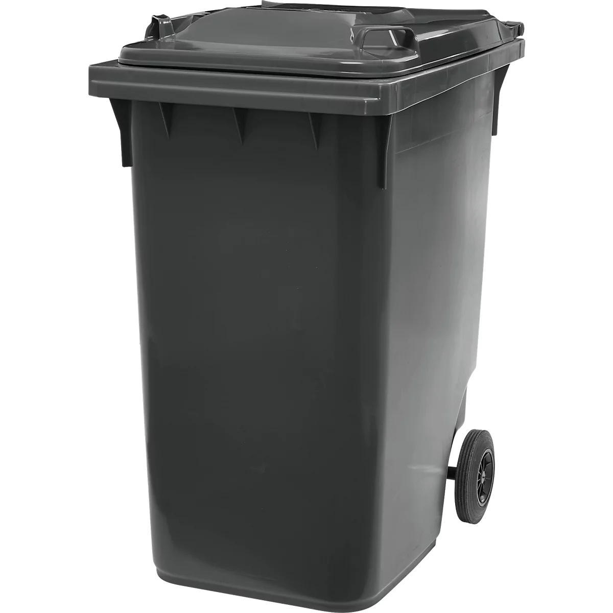 Poubelle gris foncé, rectangulaire, couvercle, roues.