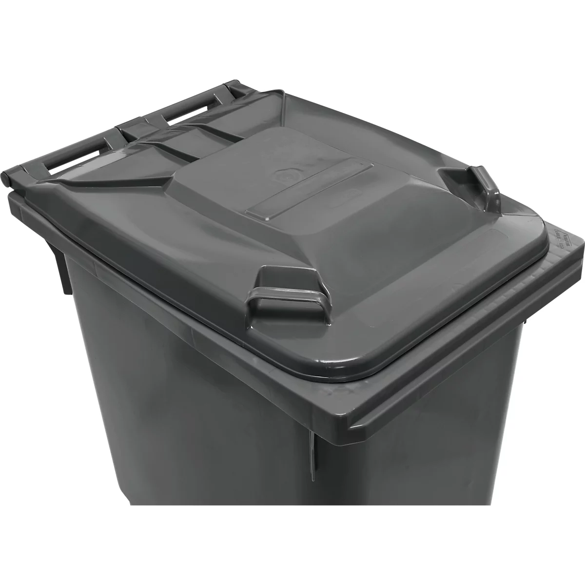 Poubelle grise, vue plongeante sur le couvercle et le conteneur.