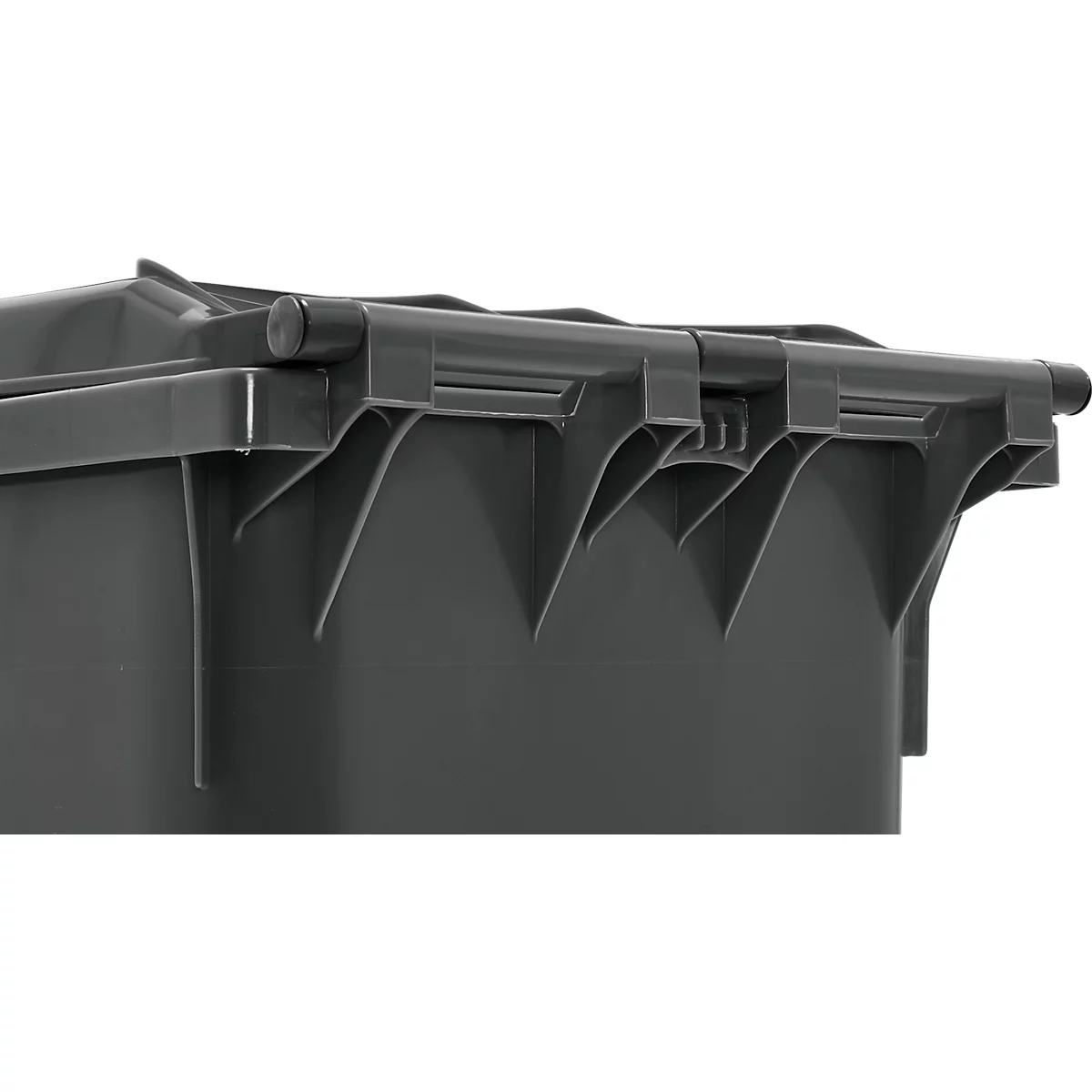 Détail d'un couvercle de poubelle gris avec un support.