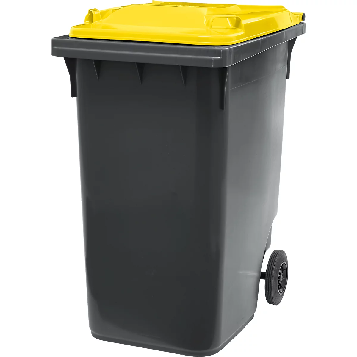 Poubelle grise avec couvercle jaune, une roue est visible.