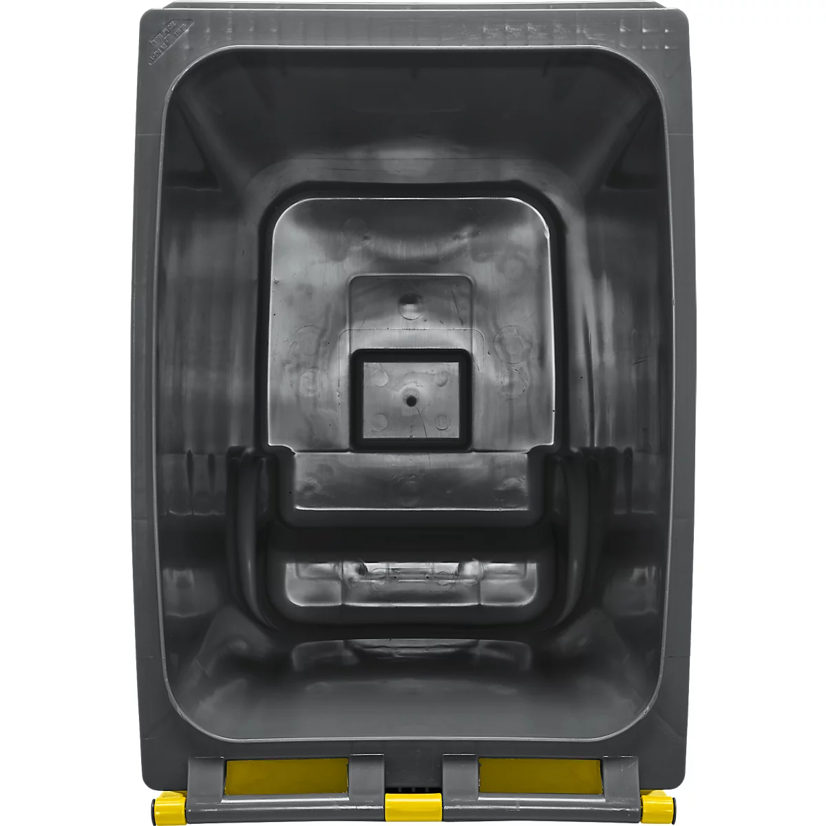 Vue de dessus dans un conteneur noir et rectangulaire. Au bord inférieur, une bande jaune et noire.