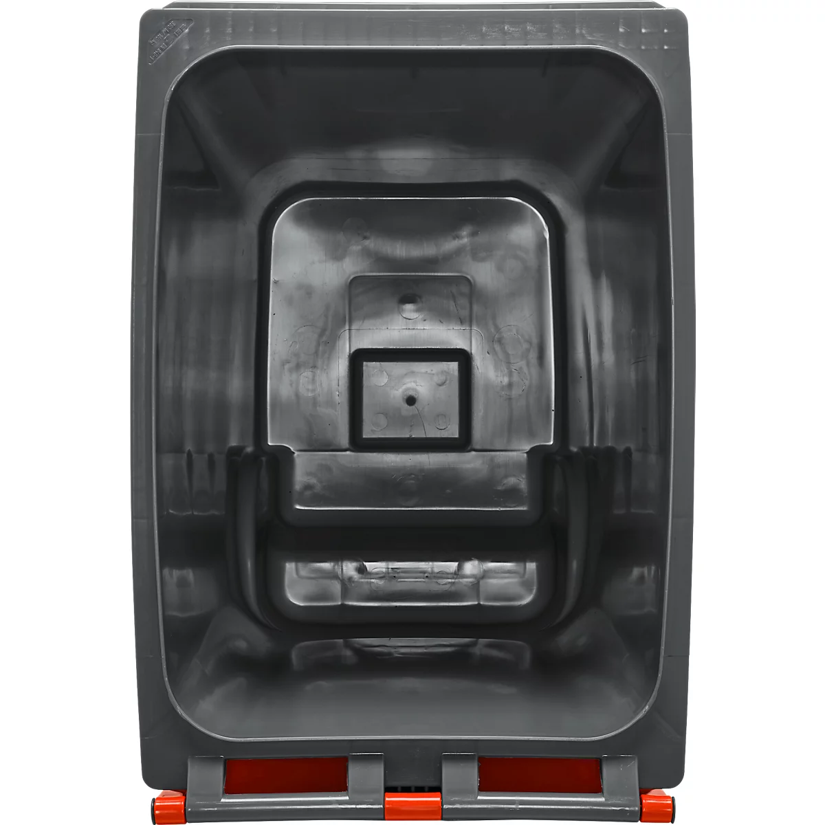 Vue de dessus d'une poubelle grise avec un fond rouge. Les parois sont arrondies. Détails au centre.