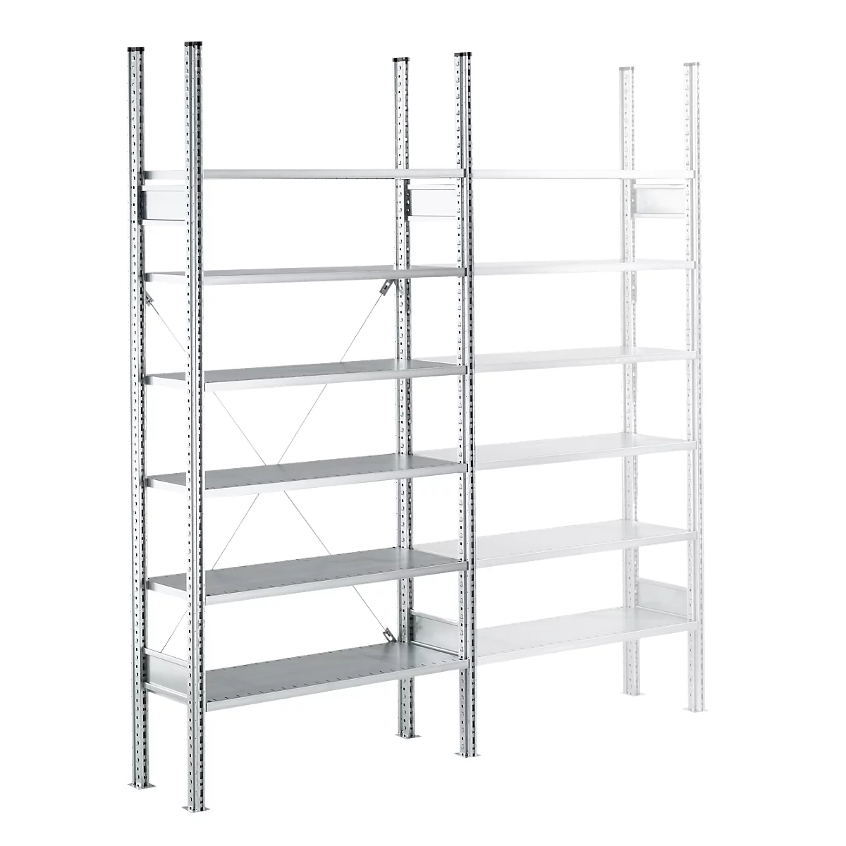A gray freestanding shelving system with six shelves against a white background.