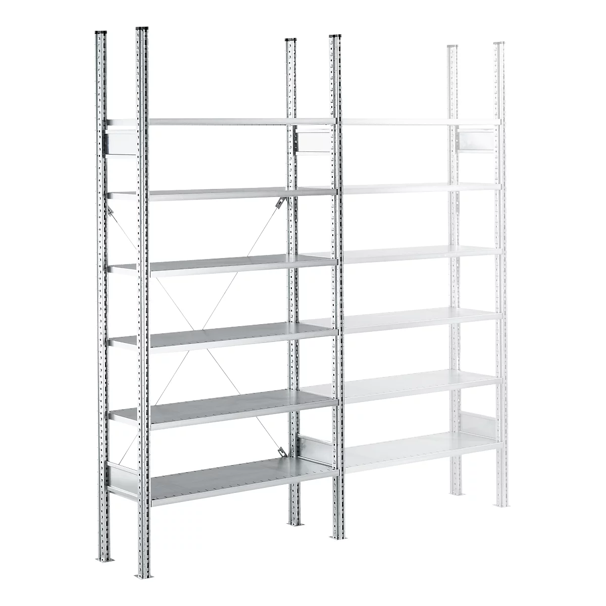 Metal shelving unit with several levels. The shelves are light grey, the frame dark grey. Another shelf is partially visible in the background.