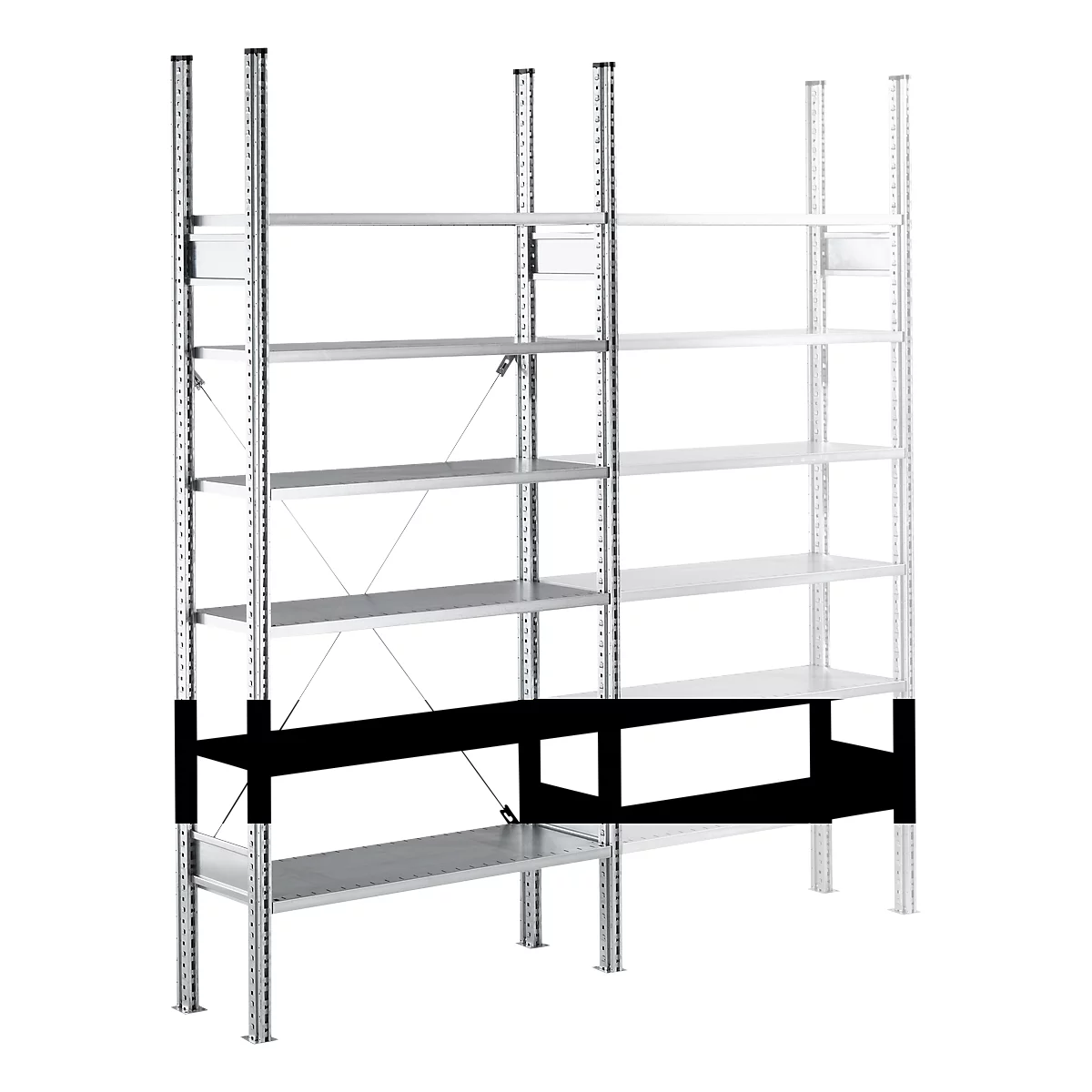 Metal shelving unit with multiple gray shelves and black support pillars. The shelves are arranged on a white surface.