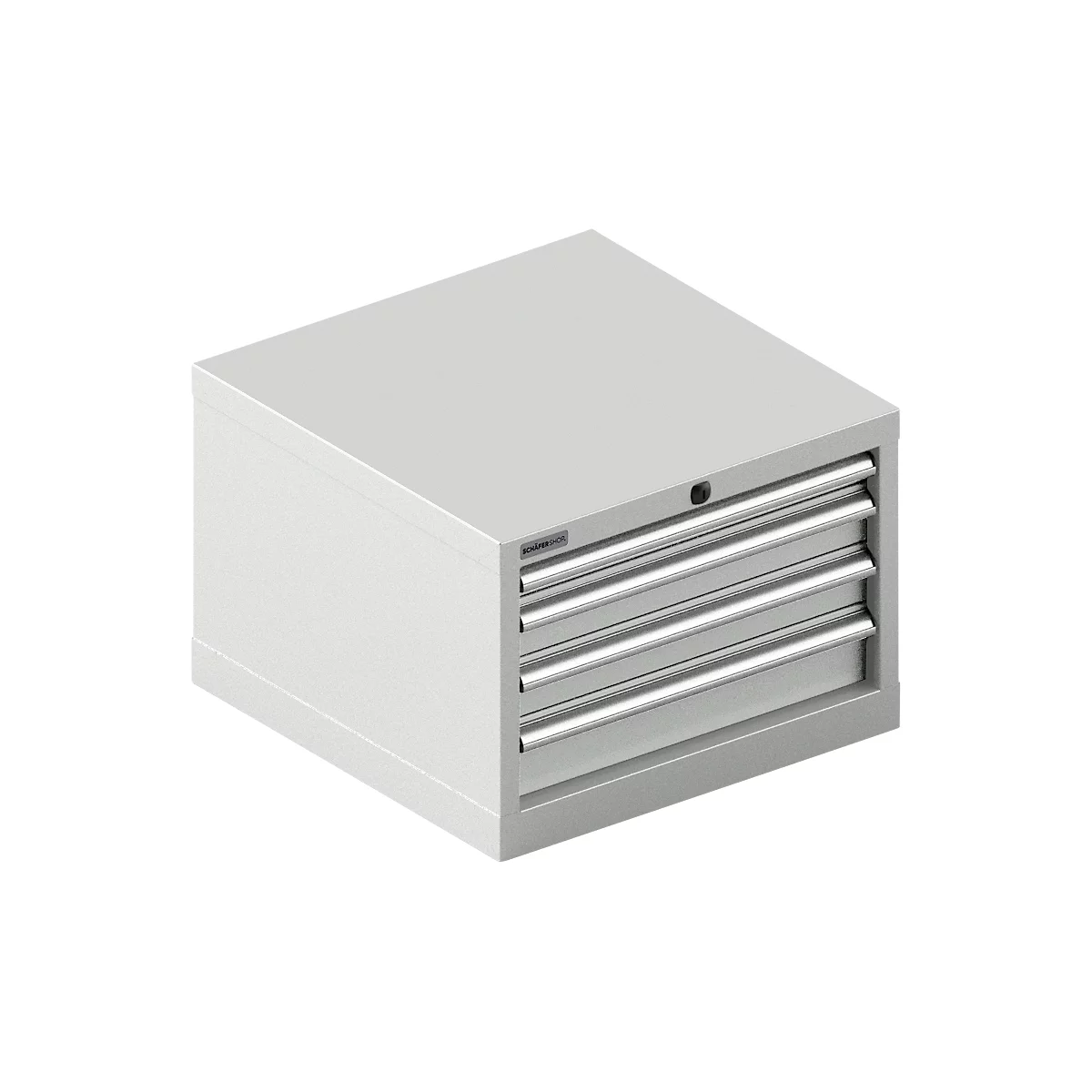 Grauer Werkzeugschrank mit vier Schubladen und Metallgriffen, Logo auf der Vorderseite.