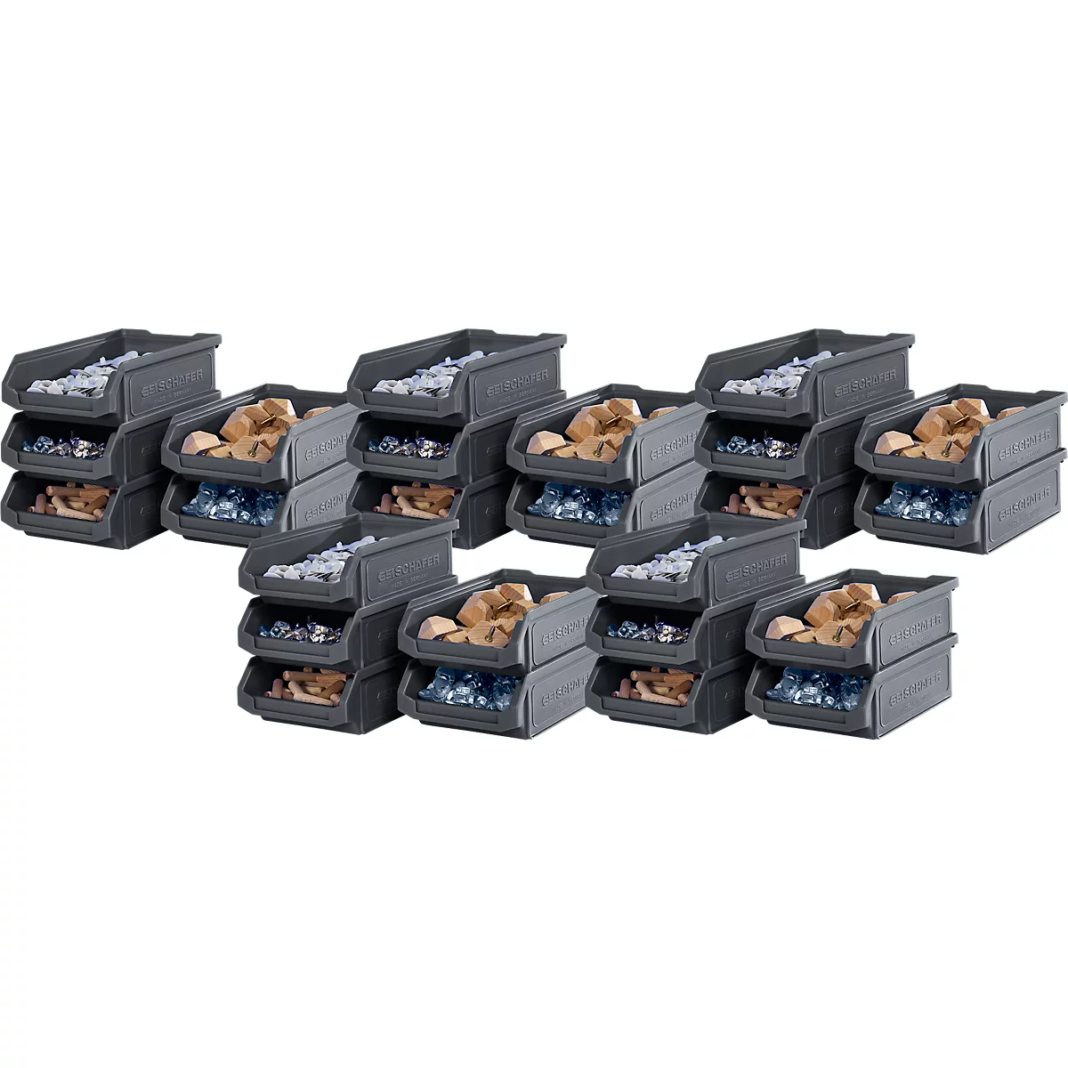 Graue Stapelboxen, gefüllt mit verschiedenen Materialien, gestapelt.