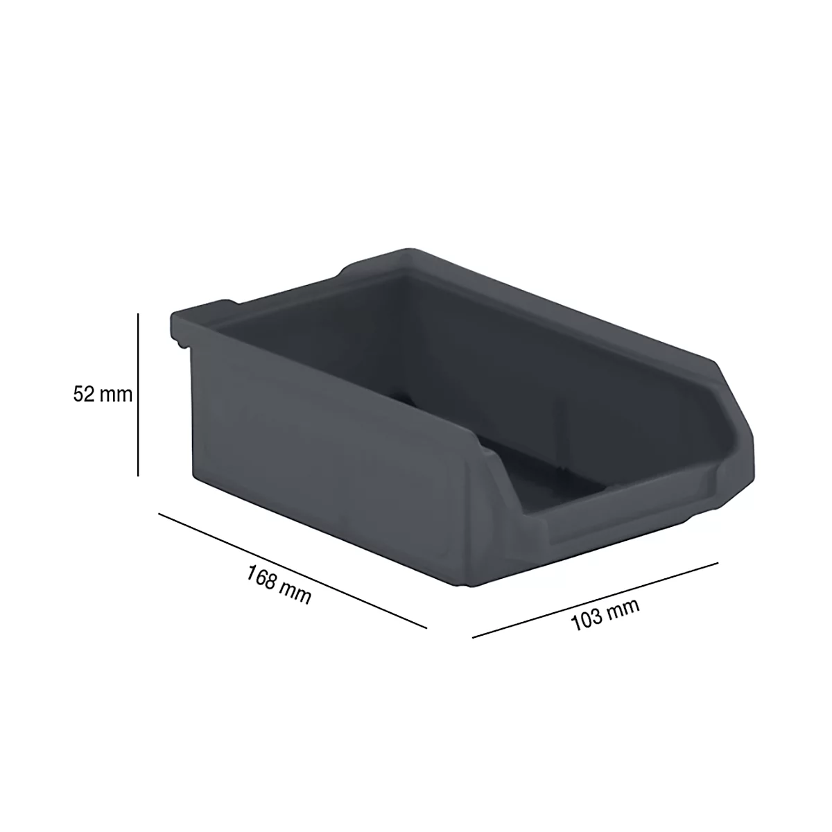 Graue Aufbewahrungsbox mit den Maßen: 168 mm lang, 103 mm breit, 52 mm hoch.