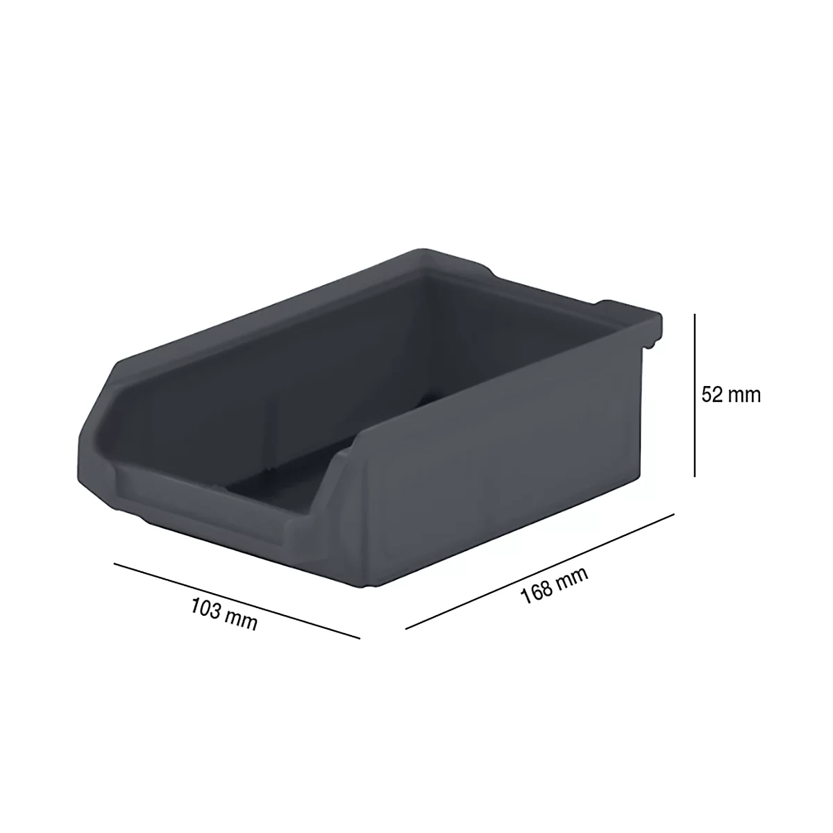 Graue Kunststoff-Ablage mit Maßangaben: 103mm, 168mm, 52mm.