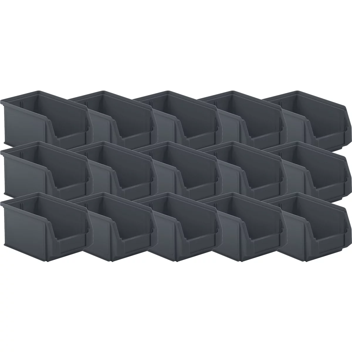 Anordnung von schwarzen Aufbewahrungsboxen, mit offenen Fronten, in drei Reihen angeordnet.