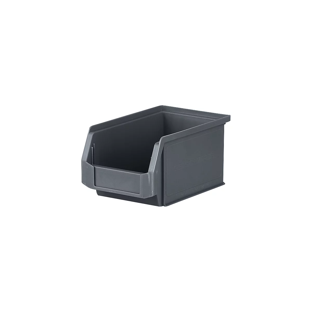 Graue Kunststoffbox mit hohem Rand und Firmenlogo.