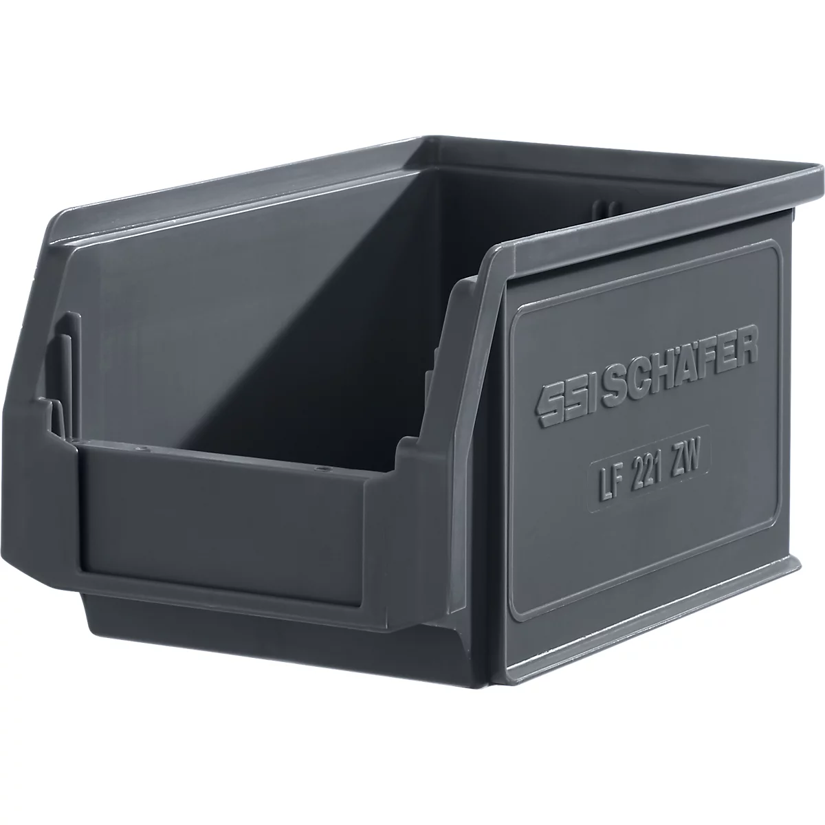 Graue Kunststoffbox mit schräger Öffnung, Schriftzug "BEISCHAFER LF 221 ZW".