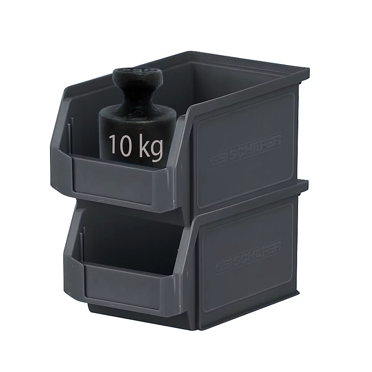 Zwei graue Stapelboxen mit einer schwarzen 10 kg Gewicht im oberen Fach.