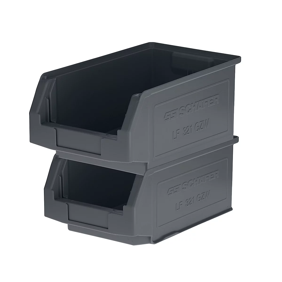 Zwei graue Kunststoffboxen, übereinander gestapelt, mit Etiketten.