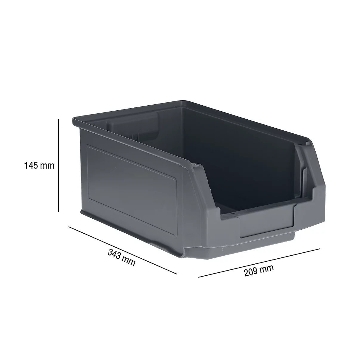 Dunkelgraue Kunststoff-Lagerbox, Maße 343 x 209 x 145 mm.