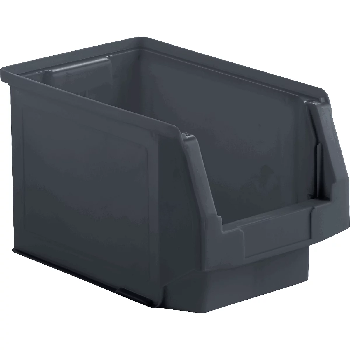 Graue Kunststoffbox mit Griff, schräg fotografiert.
