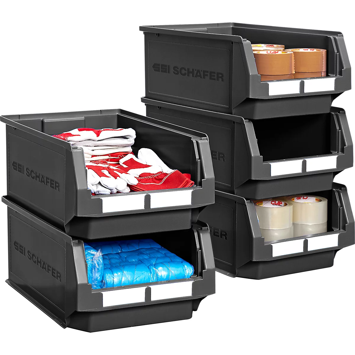Graue Kunststoffbehälter, gefüllt mit Werkzeugen, Bändern und Handschuhen. Aufschrift: SSI SCHÄFER.