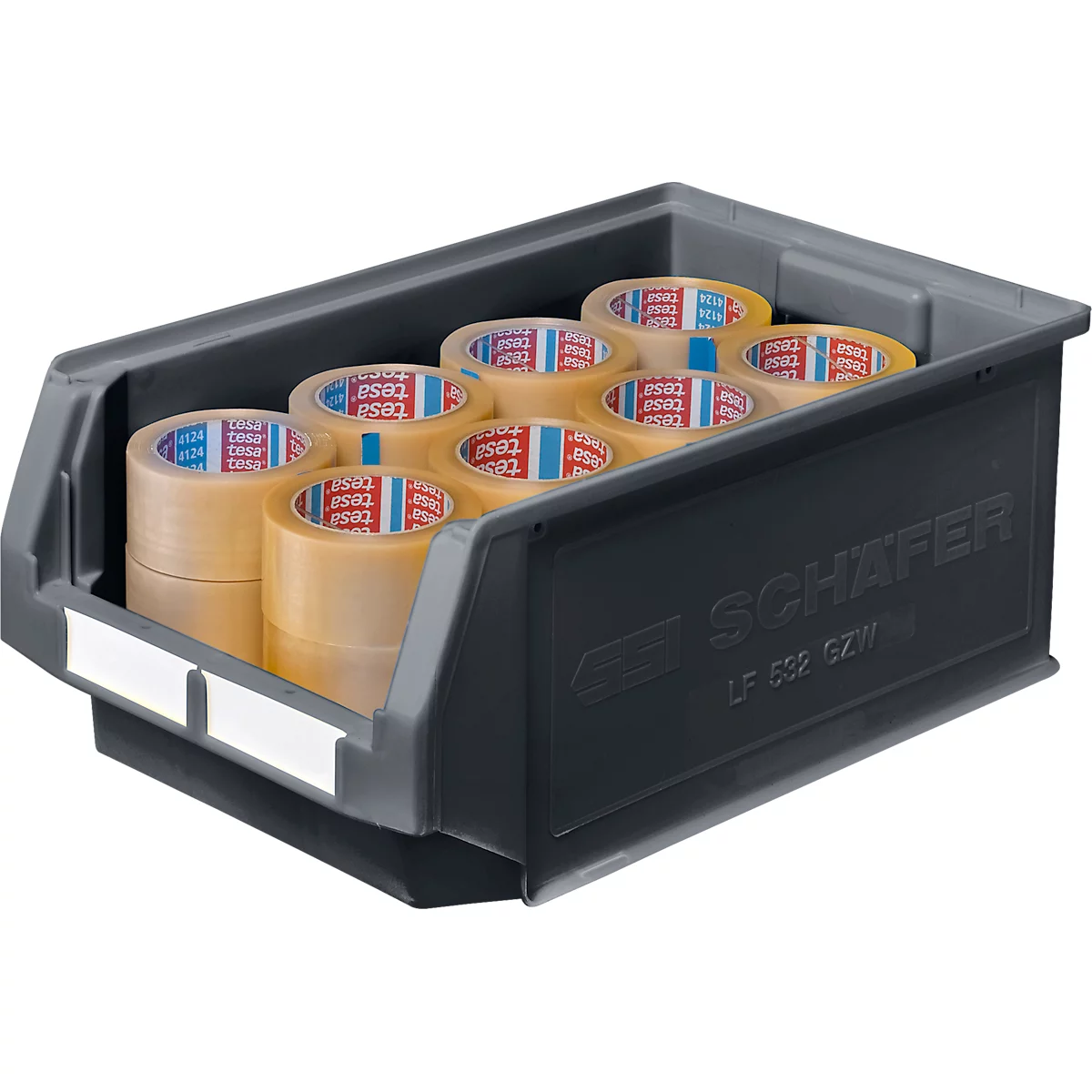 Graue Kunststoffbox mit Klebebandrollen der Marke Tesa. Box enthält Text 'SCHÄFER' und Schriftzug.