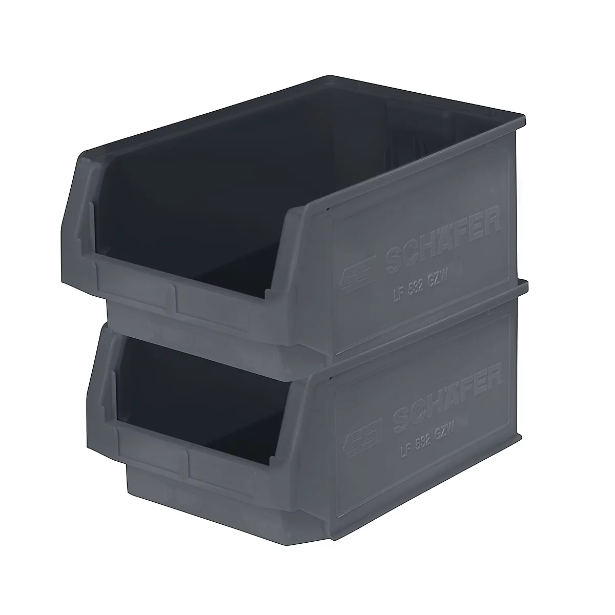 Zwei dunkelgraue Kunststoffbehälter, übereinander gestapelt. Der obere Behälter ist zur Hälfte sichtbar, der untere fast vollständig.