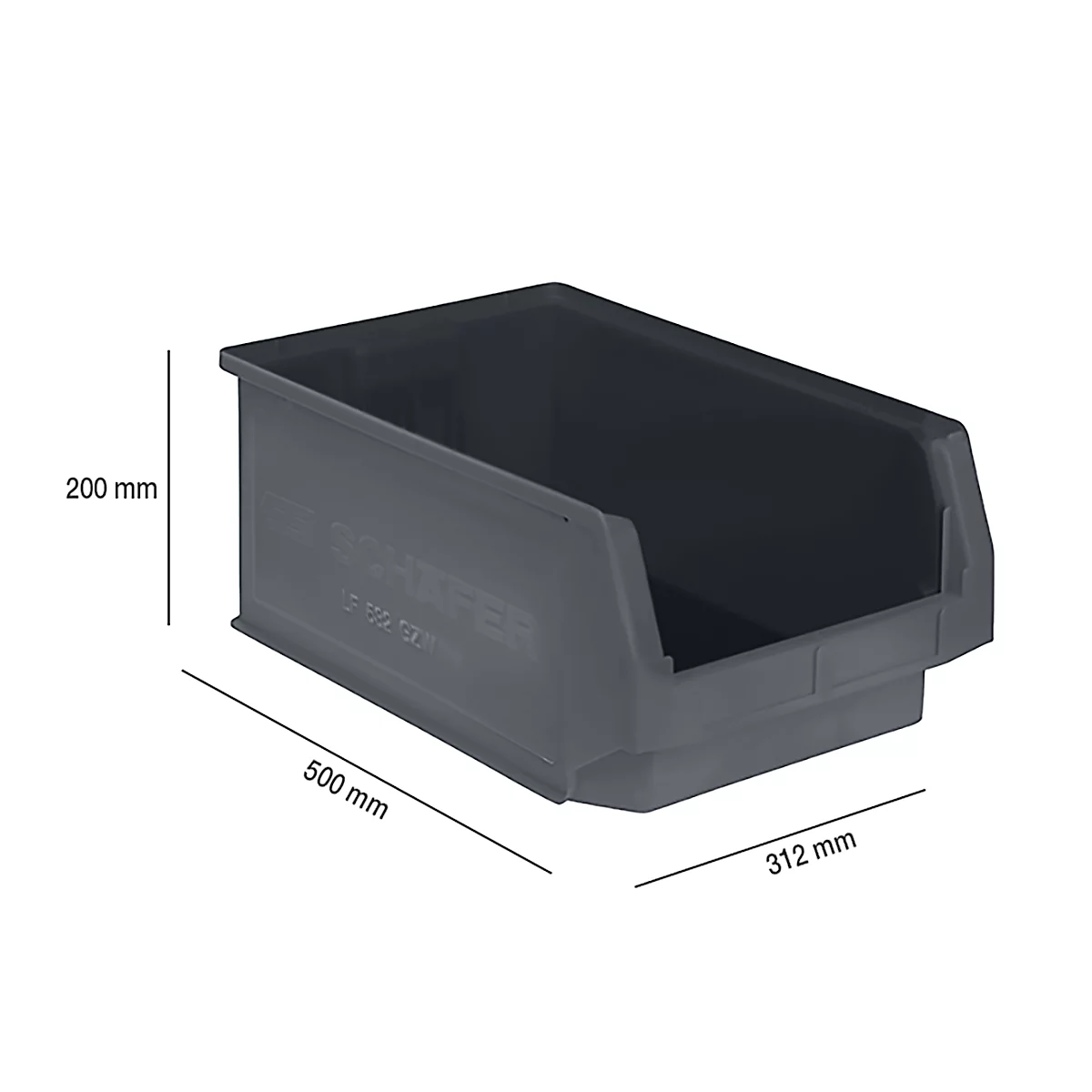 Dunkelgraue Kunststoffbox mit den Maßen 500 x 312 x 200 mm. Aufschrift: "SCHÄFER".