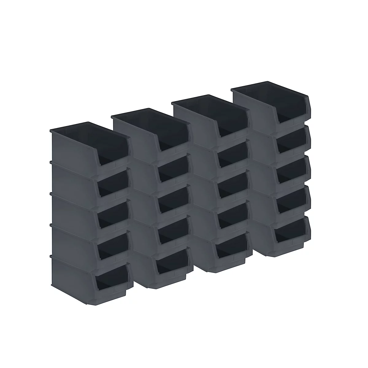 Mehrere graue Aufbewahrungsboxen sind gestapelt, um Ordnung zu halten.