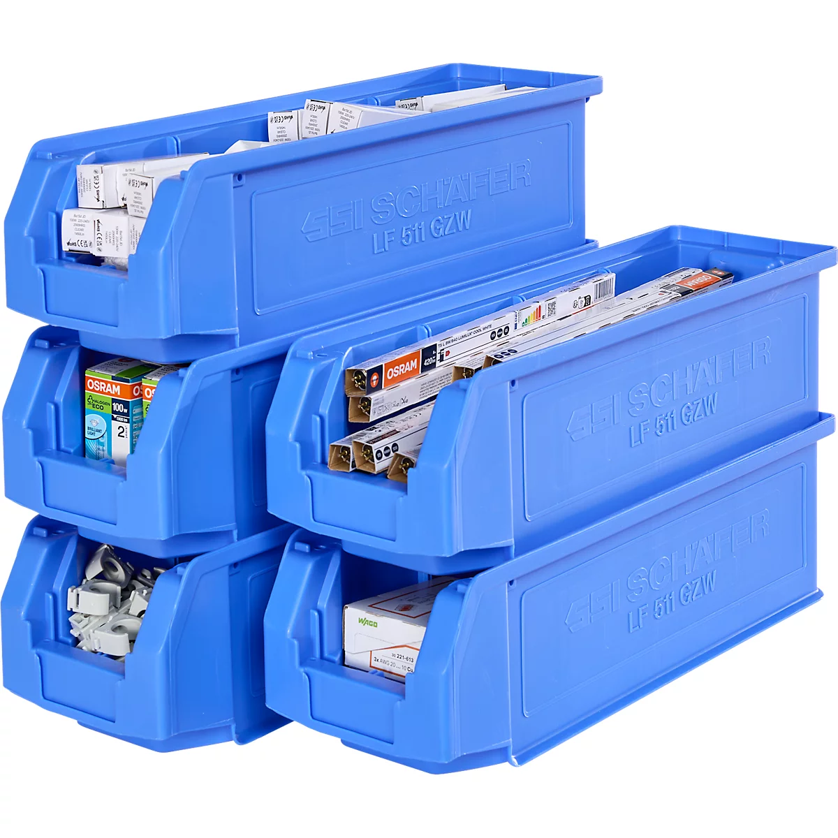 SSI Schäfer Sichtlagerkasten Sparset LF 511, Polypropylen, L 500 x B 156 x H 143 mm, 7,6 l, blau, 5 Stück