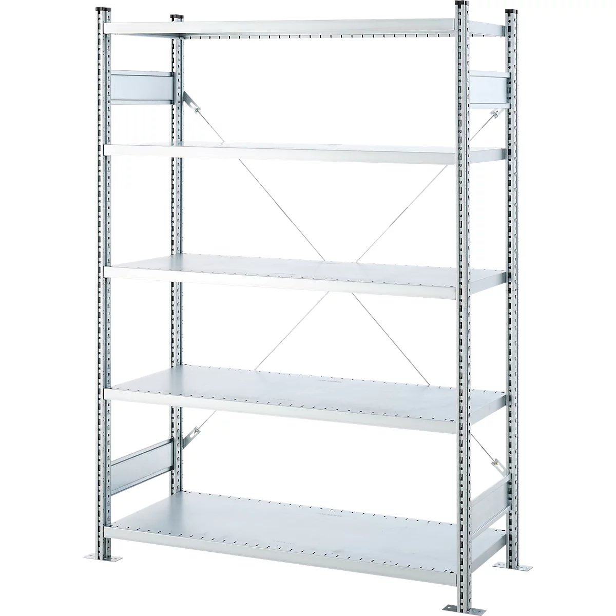 Metal shelf with five shelves, metallic gloss. The construction consists of vertical bars and diagonal struts.