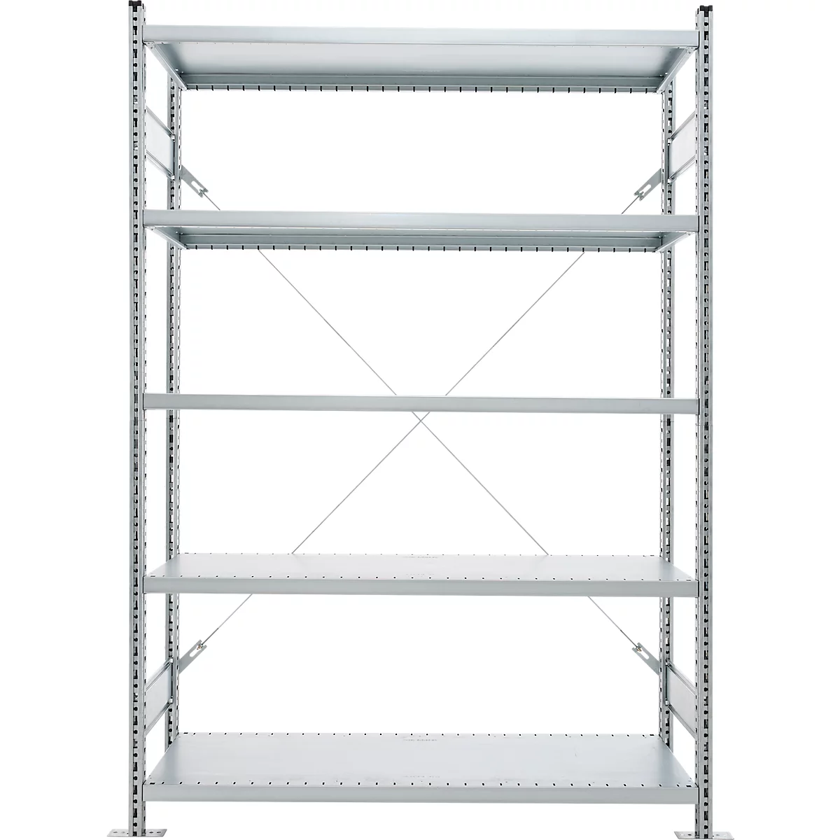 A light grey empty shelving unit with five levels against a white background.