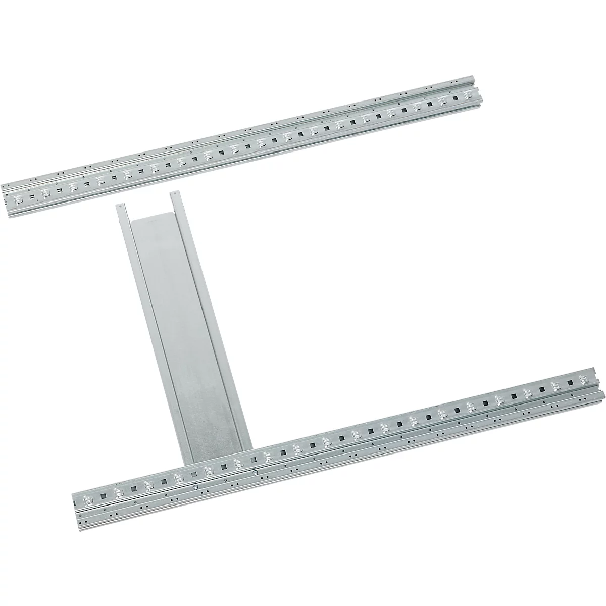 Three silver metal rails with holes and a web in between, diagonally on a white background.