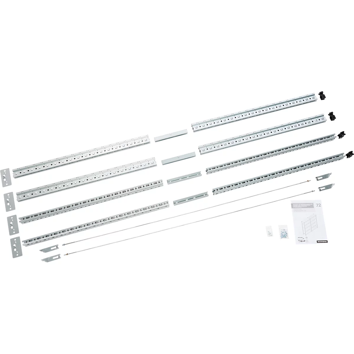 Various metal rails and fasteners, arranged diagonally from above.