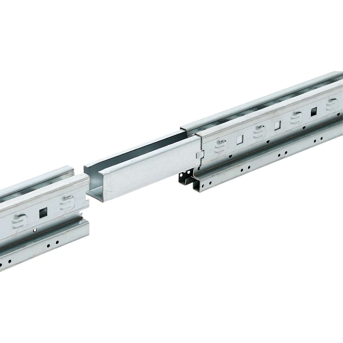 Close-up of two metal telescopic rails that can be connected by a connecting piece.