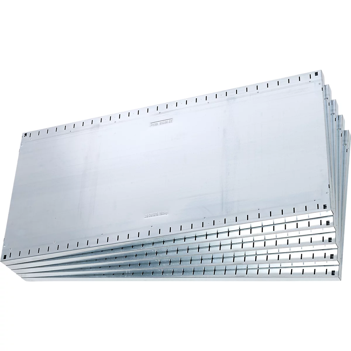 Stack of silver metal plates with perforated edges. They are slightly offset from each other.