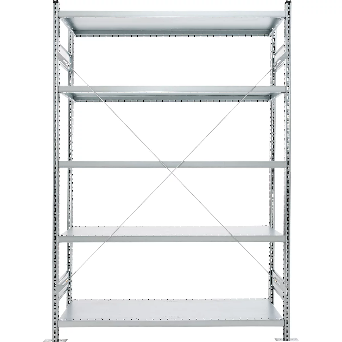 A grey metal shelving unit with five shelves against a white background.
