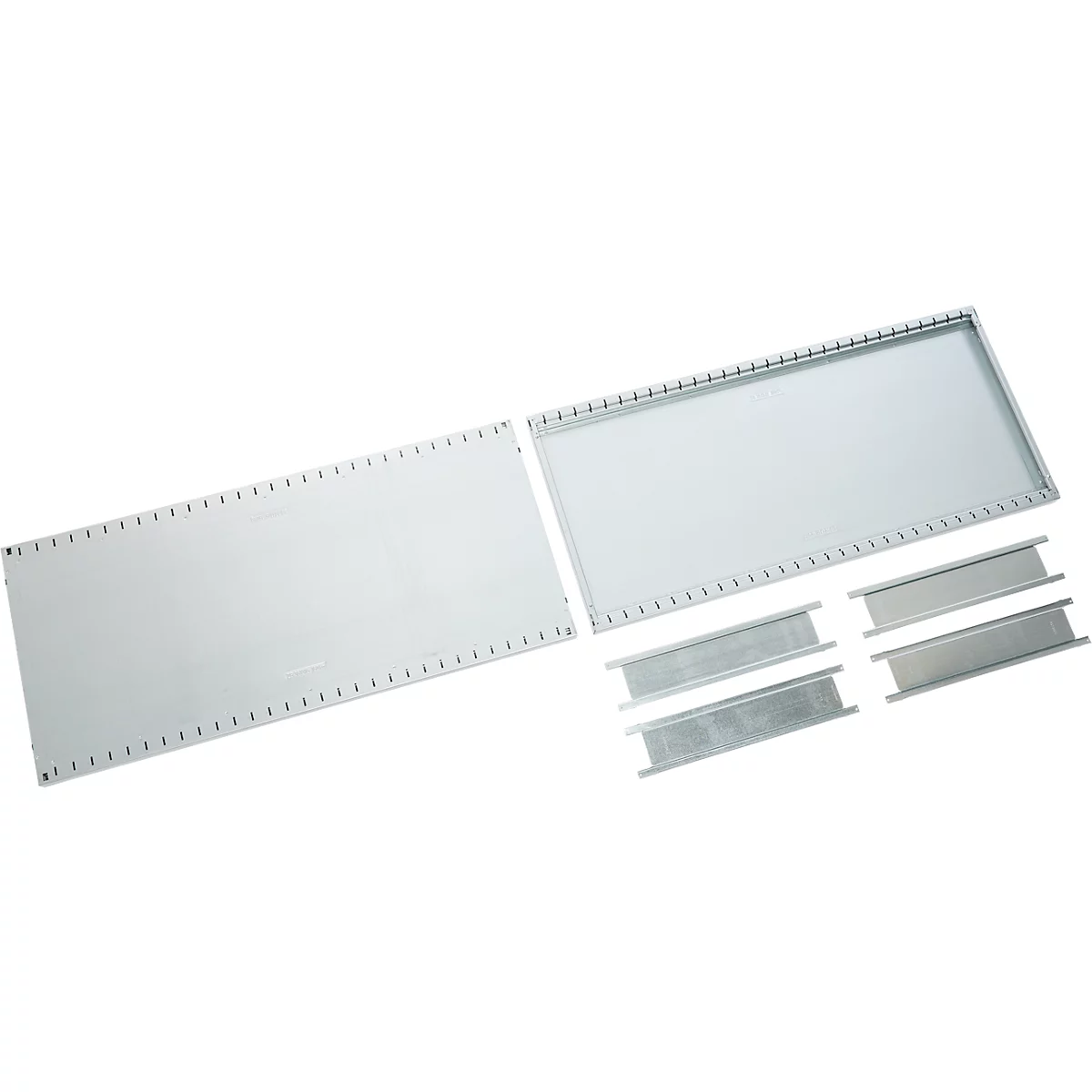 Two gray metal plates and three short, rectangular metal pieces on a white background.