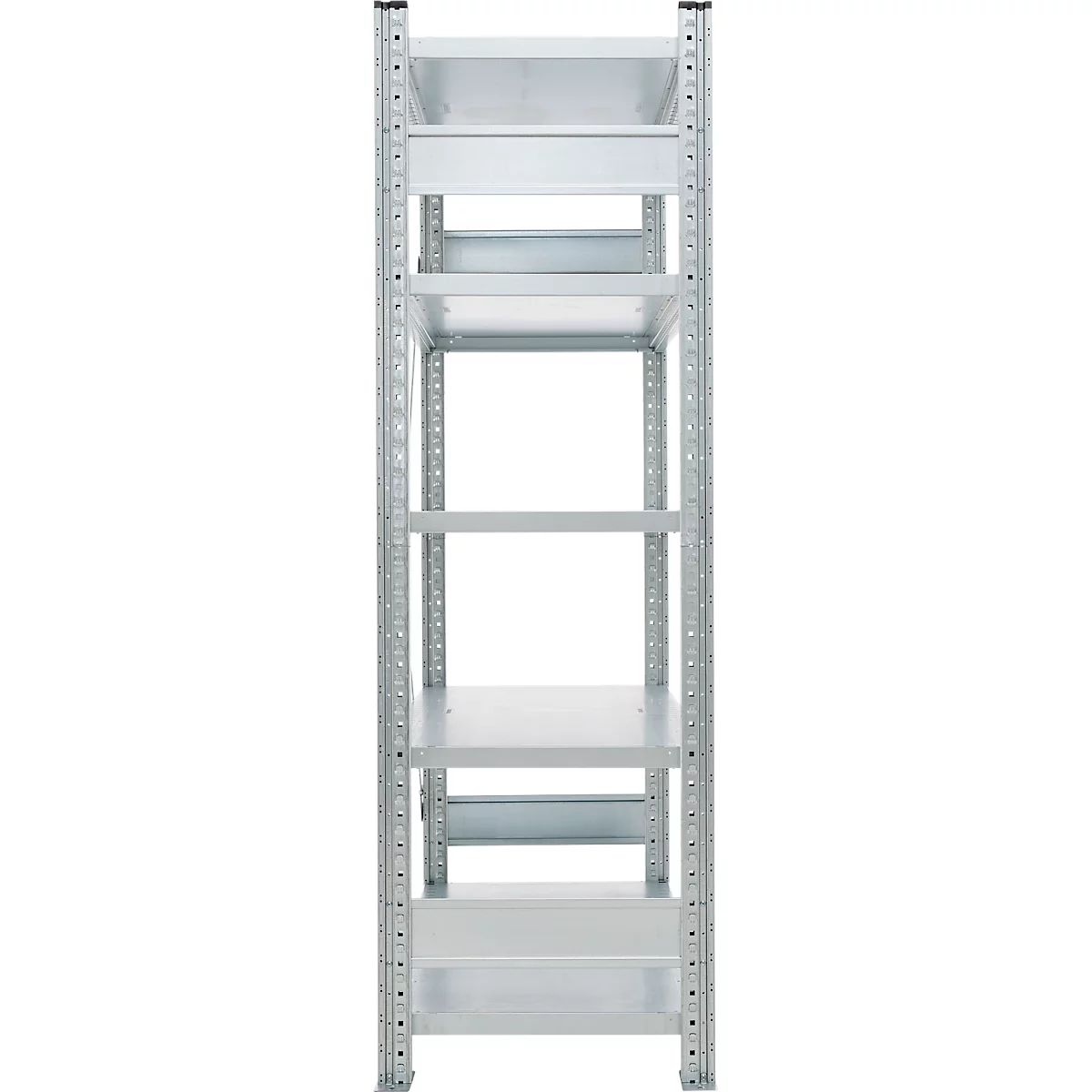 Metal shelf with six levels. The shelves are light gray. The shelf stands against a white background.