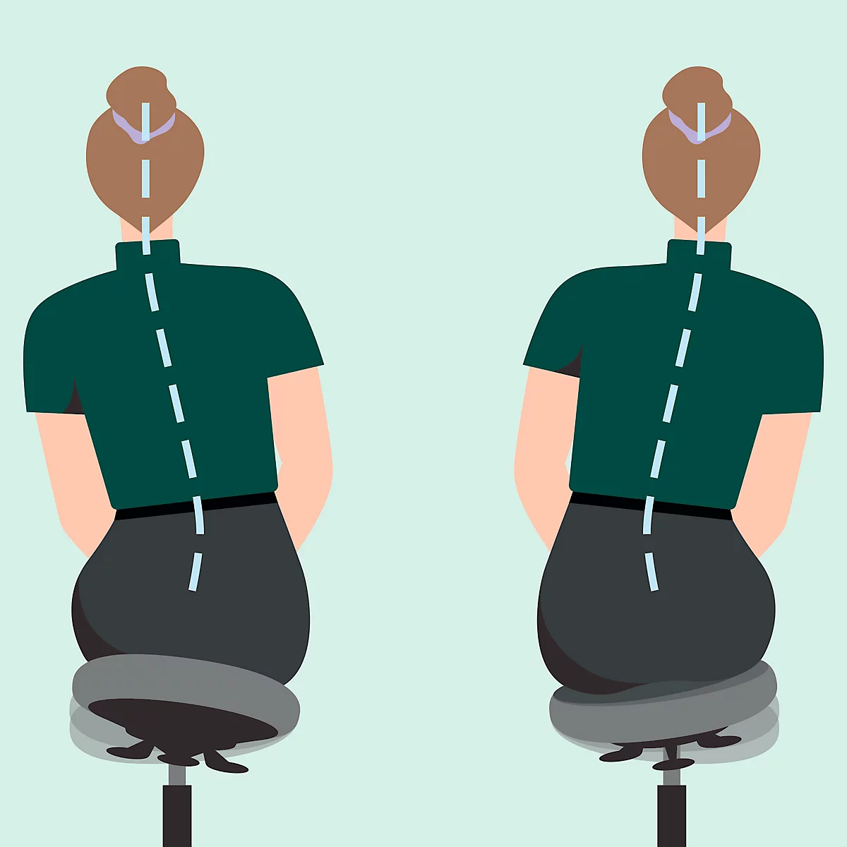 Twee personen, achteraanzicht, zittend op bureaustoelen. Eén persoon heeft een rechte wervelkolom, de andere persoon heeft een scheve houding.