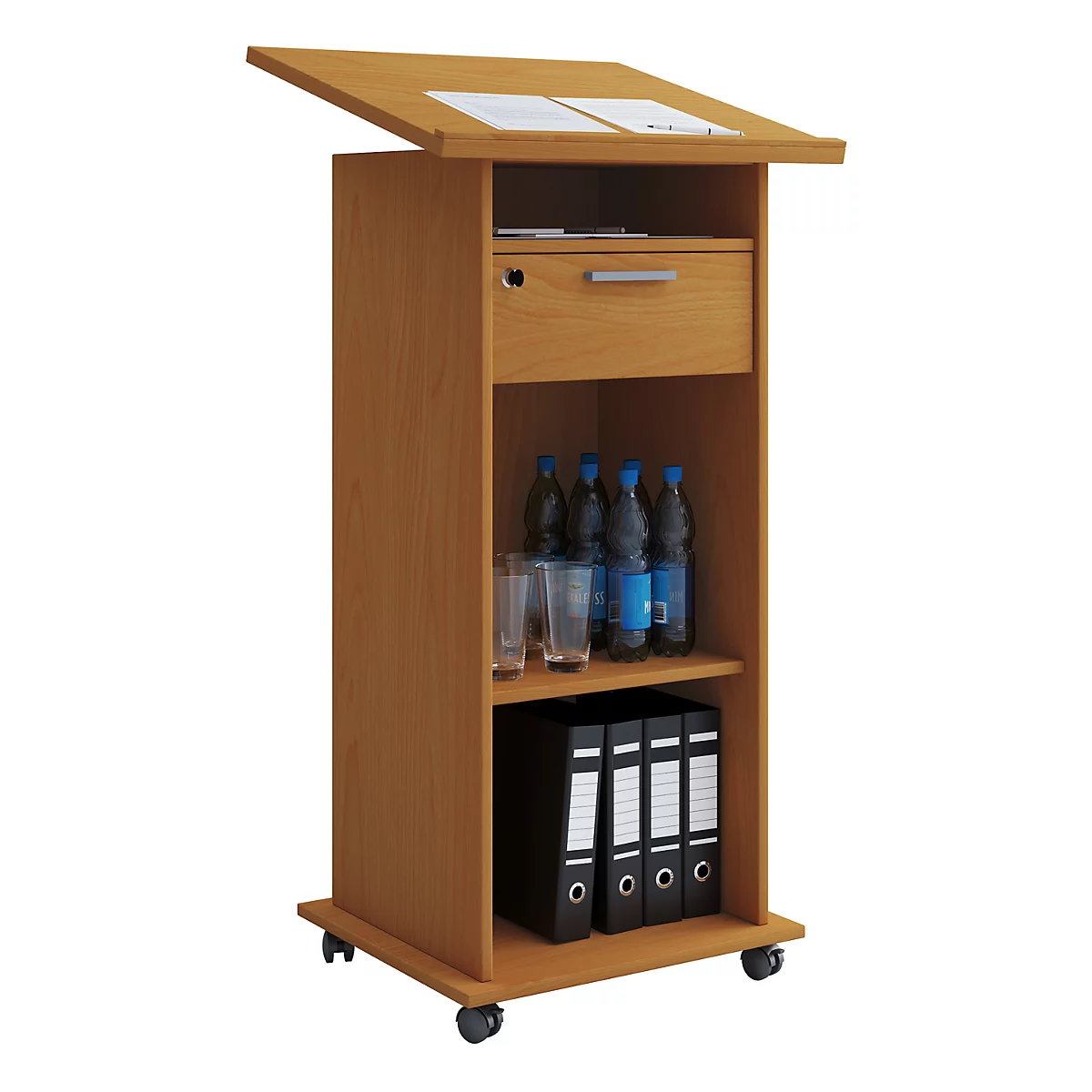 Staand bureau Melta, verrijdbaar, in hoogte verstelbaar/kantelbaar, 3 open vakken &amp; 1 afsluitbare lade, B 600 x D 500 x H 1090-1200 mm, hout, beuken decor